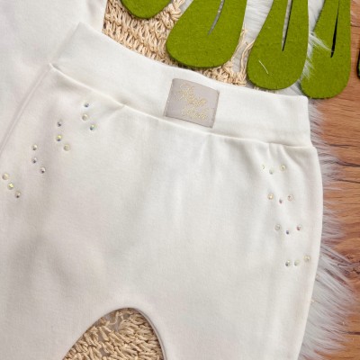 Conj. de Malha 3 peças - Flores de Corações com Strass - Off White e Rose